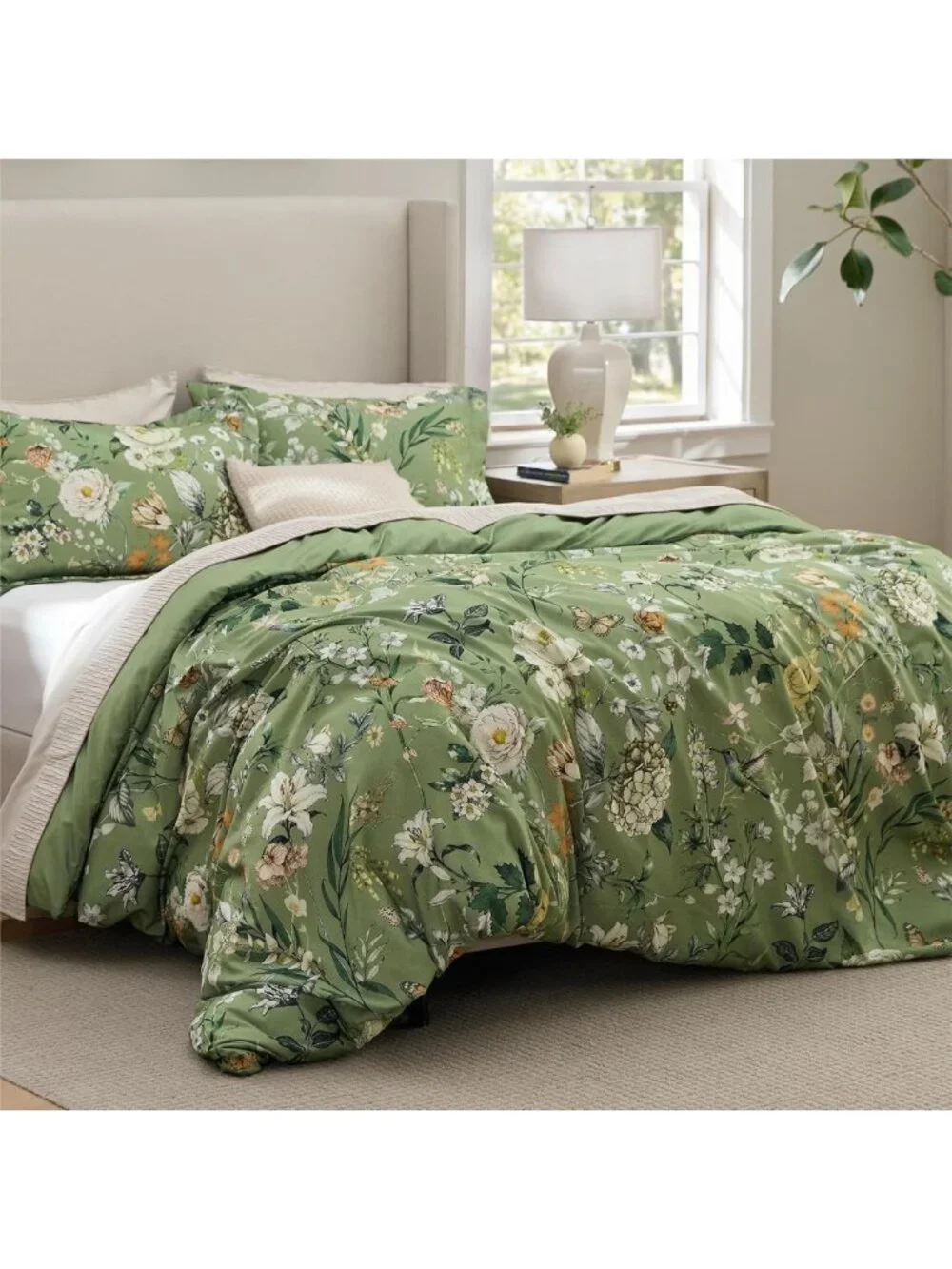Cozy Floral Queen Comforter Set - Reversible Olive Green, 3-Piece Bedding Set